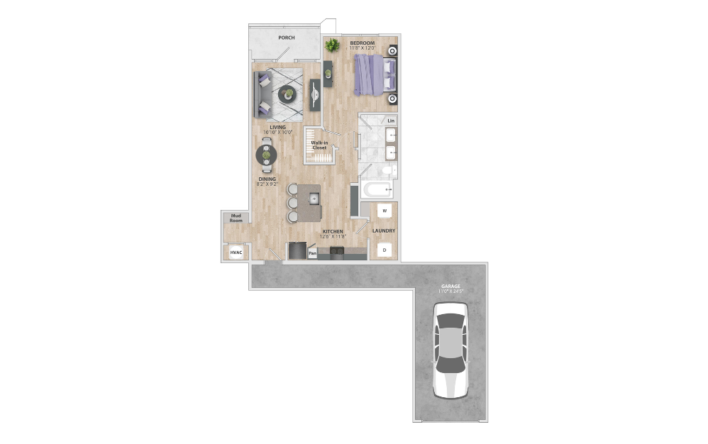 A1 - 1 bedroom floorplan layout with 1 bath and 844 square feet.