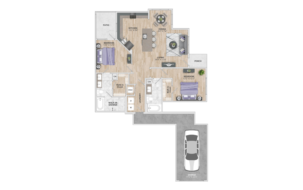 B2 - 2 bedroom floorplan layout with 2 baths and 1222 square feet.