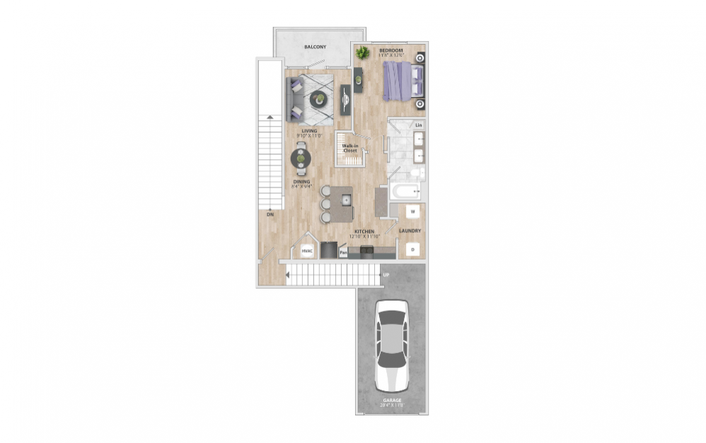 A1b - 1 bedroom floorplan layout with 1 bath and 954 square feet.